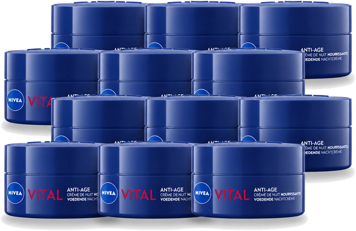 12 x NIVEA - Nachtcrème - VITAL Anti-Rimpel Herstellend - Voor rijpe huid - Met Vitamine F, Teunisbloemolie & Calcium - 50 ml - Voordeelverpakking - 12 stuks