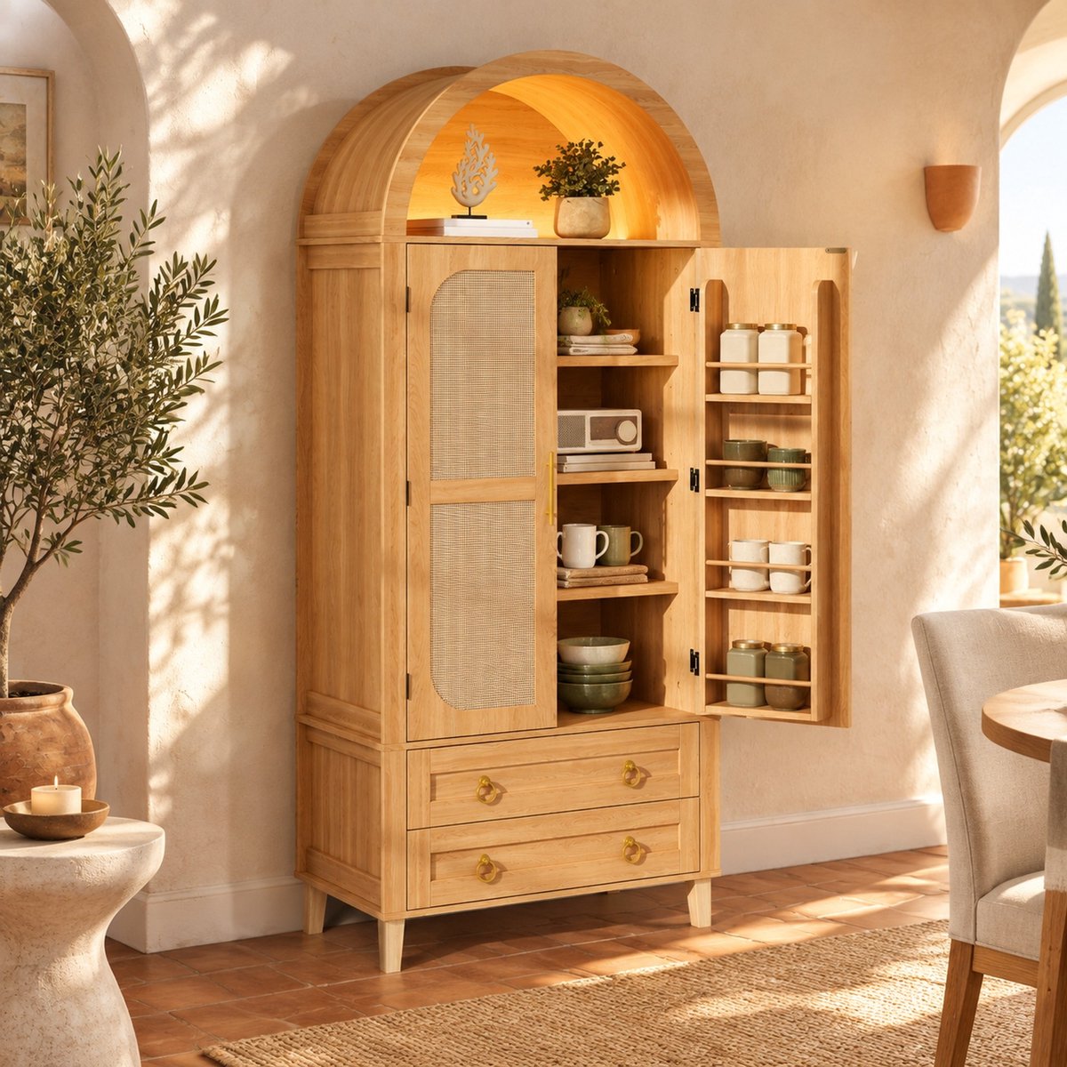 STILVORA Buffetkast Met Ledverlichting - Boognis, Rotandecor En 2 Laden - Voor Woonkamer En Slaapkamer - MDF En Spaanplaat - 76x40x179,5 Cm - Natuurlijk Naturel
