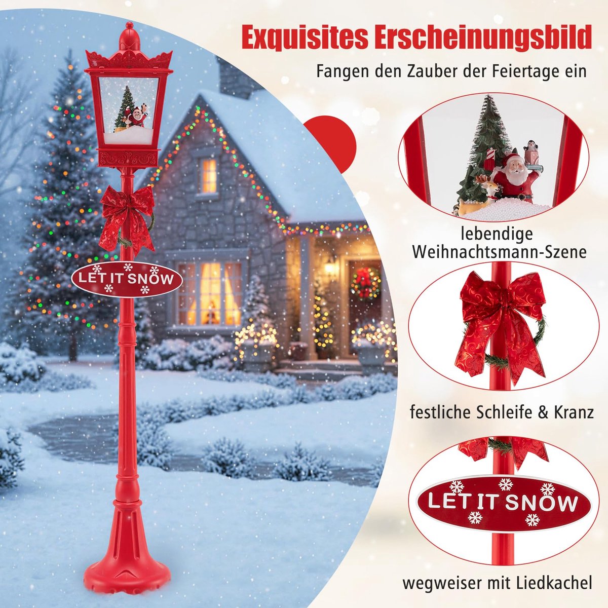 COSTWAY 185 cm kerstlantaarn, straatlantaarn met warmwitte ledverlichting, sneeuweffect, kerstman en muziek – kerstdecoratie voor huis, tuin en veranda – foto 3