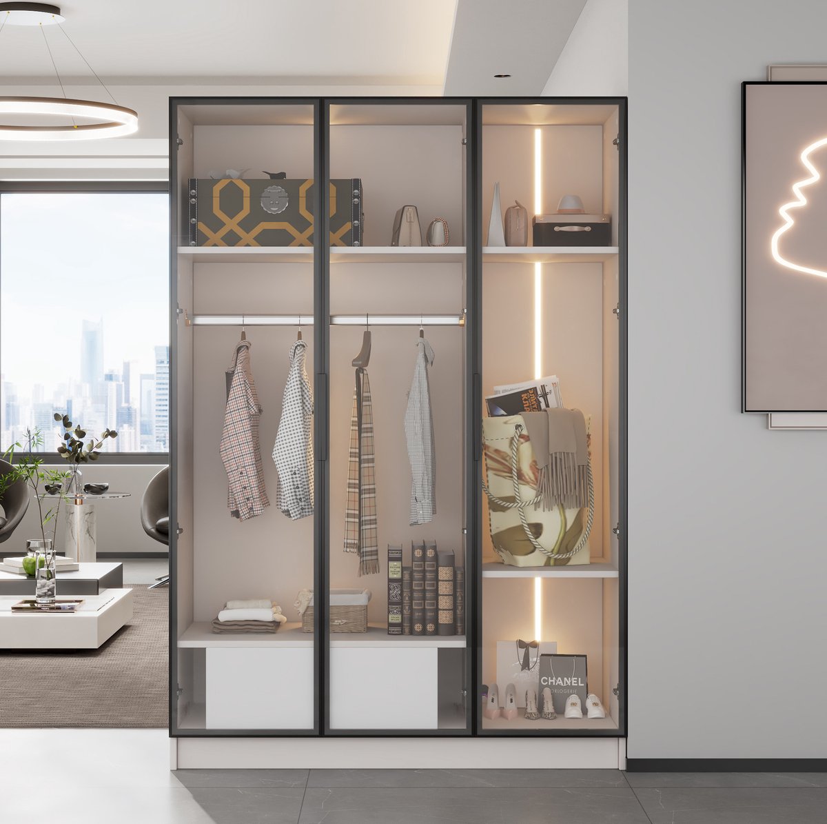 WUVRIE Kledingkast 110x50x160 cm - 3 glazen deuren, lade, kledingroede en LED - Wit