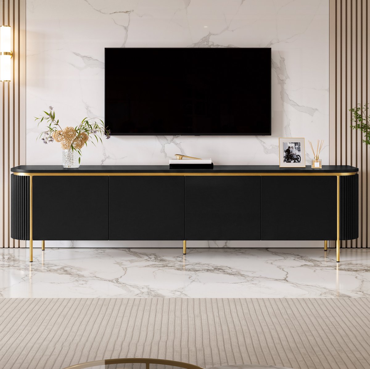 OKWISH TV-Meubel, Zwart MDF, 6 Deuren, Kabeldoorvoeren, Ronde Uiteinden, Geribbelde Zijkanten, Gouden Accenten, 180 x 38 x 46 cm