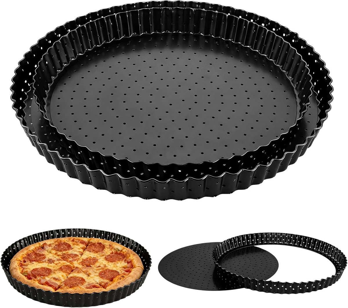Set van 2 taartvormen met hefbodem, rond, met gaten 26 cm en 30 cm, quichevorm met hefbodem, anti-aanbaklaag, ronde - ShopVlot