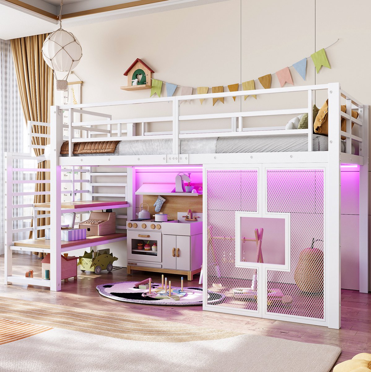 REDOM Hoogslaper - Metalen frame met MDF - Trap met 2 opbergvakken - Doorlopende veiligheidshekken - LED-verlichting - Vensters - Wit - 90 x 200 cm