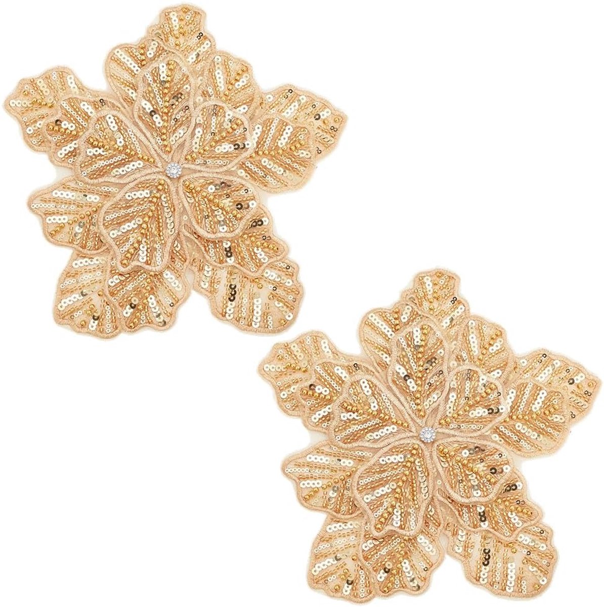 2 stuks handgemaakte strass-applicaties, goudkleurige pailletten met parels bezet patches, 3D-bloemen, geborduurde stoffen applicaties om op te naaien
