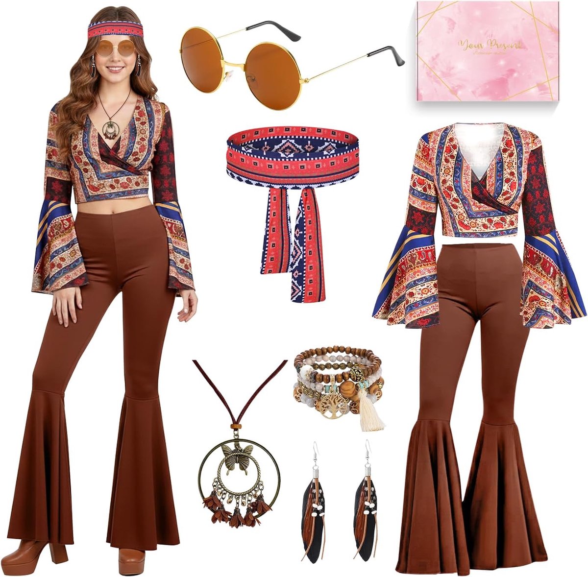 Hippiekostuum voor dames, hippiekleding en bohemian-accessoires, jaren '60-70-kostuum met klokmouwen, jaren '70-kleding voor carnaval, Halloween, retrofeestjes