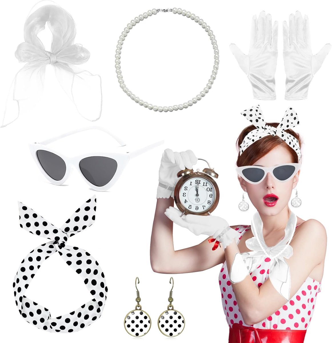 6 stuks rockabilly-accessoires, accessoires voor dames uit de jaren 50, kostuumaccessoires, accessoires uit de jaren '50, dames voor Halloween, carnaval, verjaardagsfeest