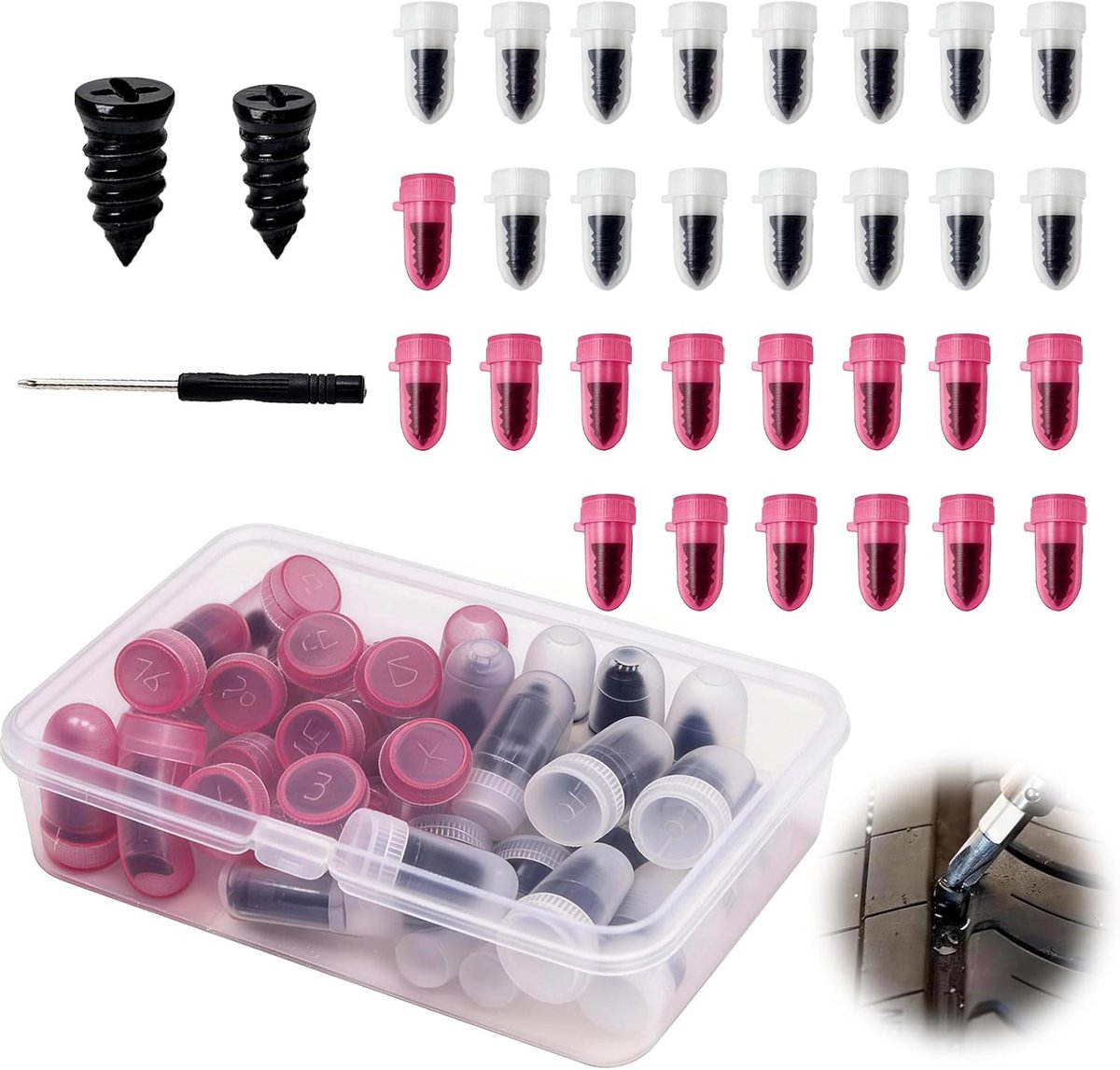 30 stuks rubberen spijkers voor snelle bandenreparatie, bandenreparatieset & tubeless reparatieset voor auto, motorfiets en vrachtwagen met schroevendraaier, complete reparatieset voor autobanden voor