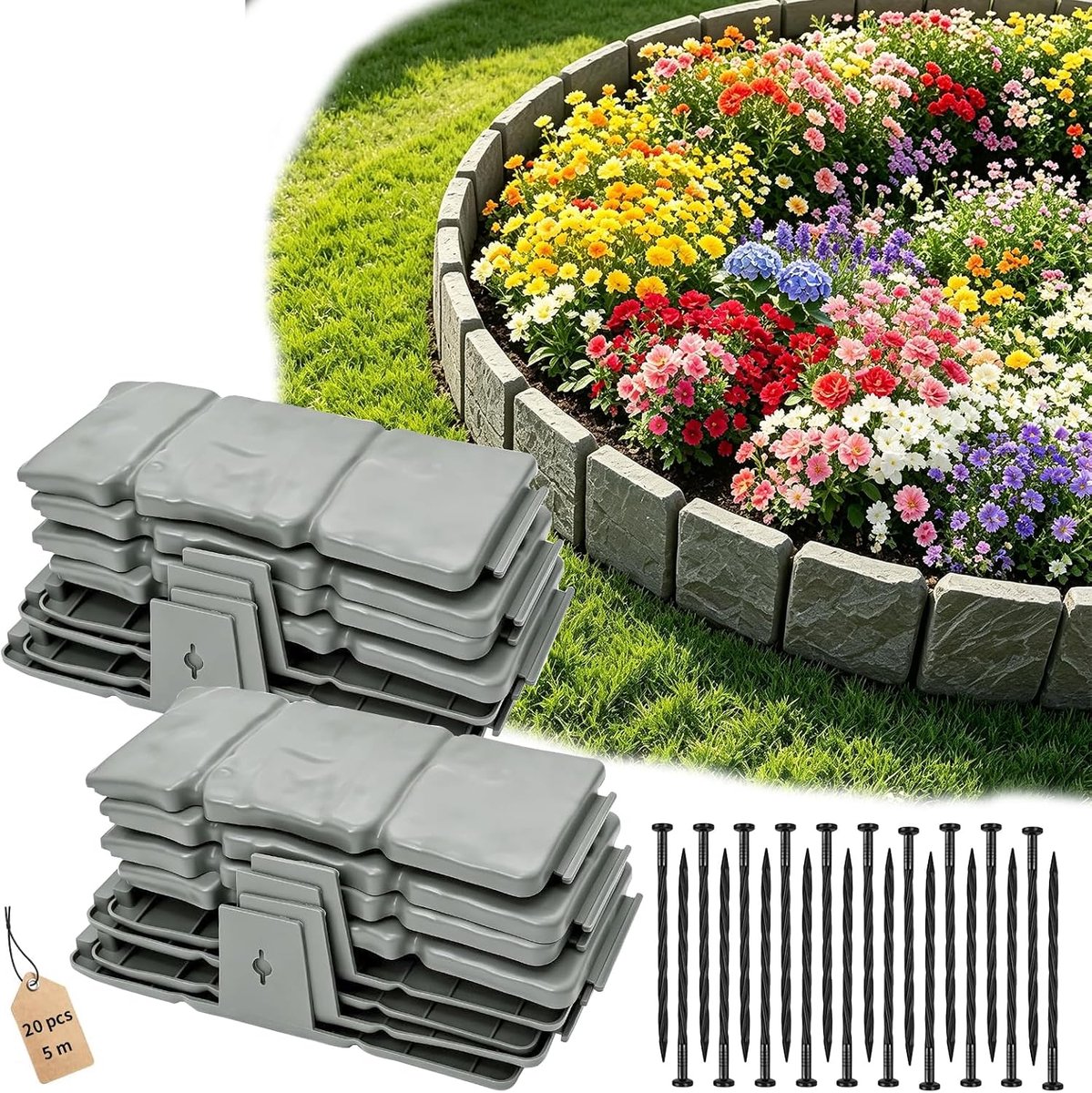 20 stuks tuinrand, 5 m, tuin, steen, flexibele tuinranden, tuinrand voor buiten, opritten, gazons en bloembedden, grijs