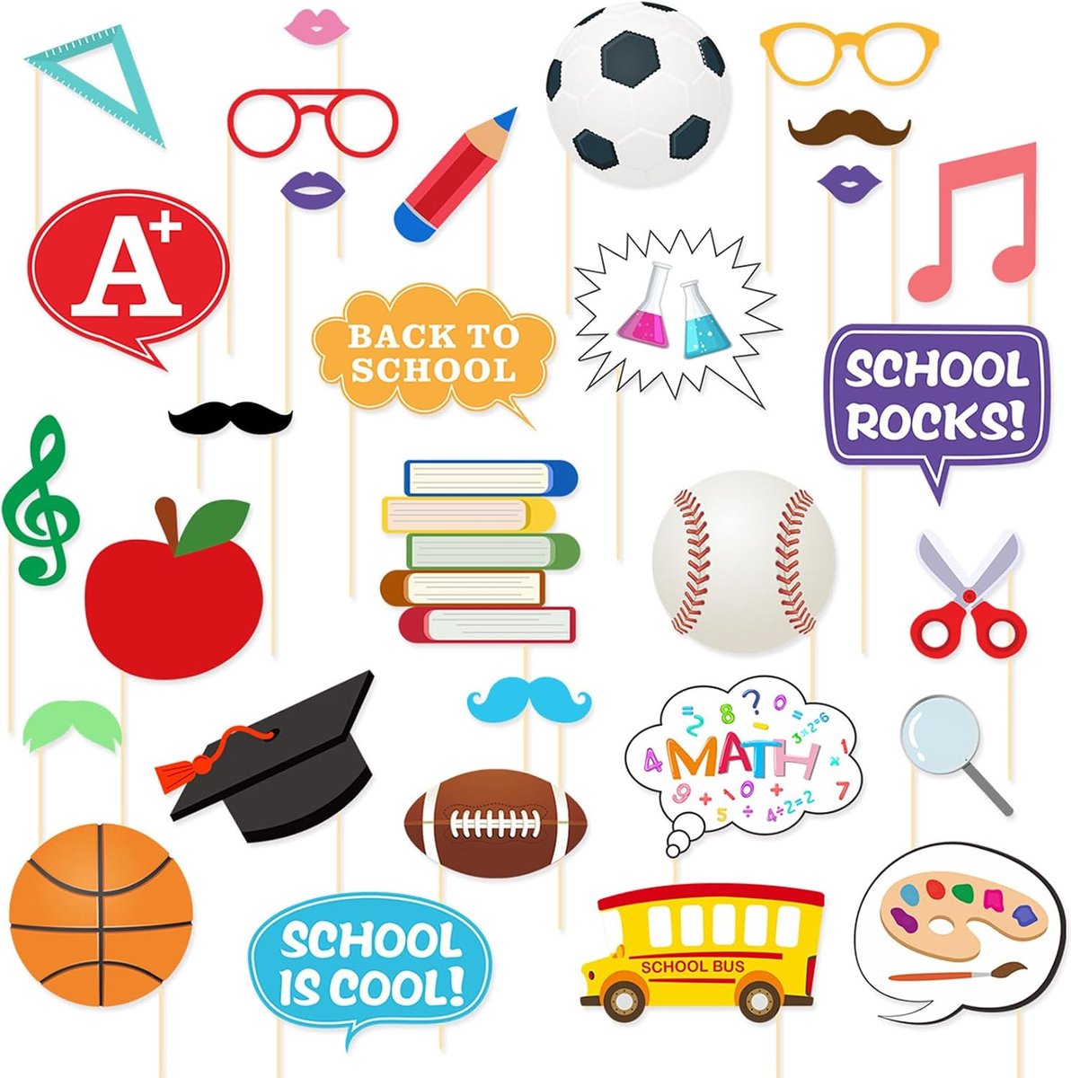 Set van 30 decoratieve fotorekwisieten, decoratie voor meisjes en jongens, fotobox accessoires terug naar school, fotobooth rekwisieten voor de eerste schooldag en feestdecoratie
