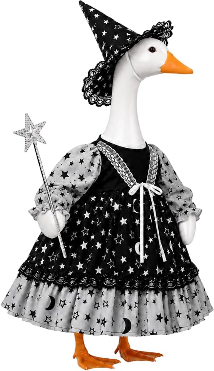 Veranda ganzenoutfits, 57,6 cm veranda ganzenkleding voor Halloween, ster maan print kant ganzenjurk kleding met hoed en toverstaf, decoratieve outfit voor gazon ganzenstandbeeld