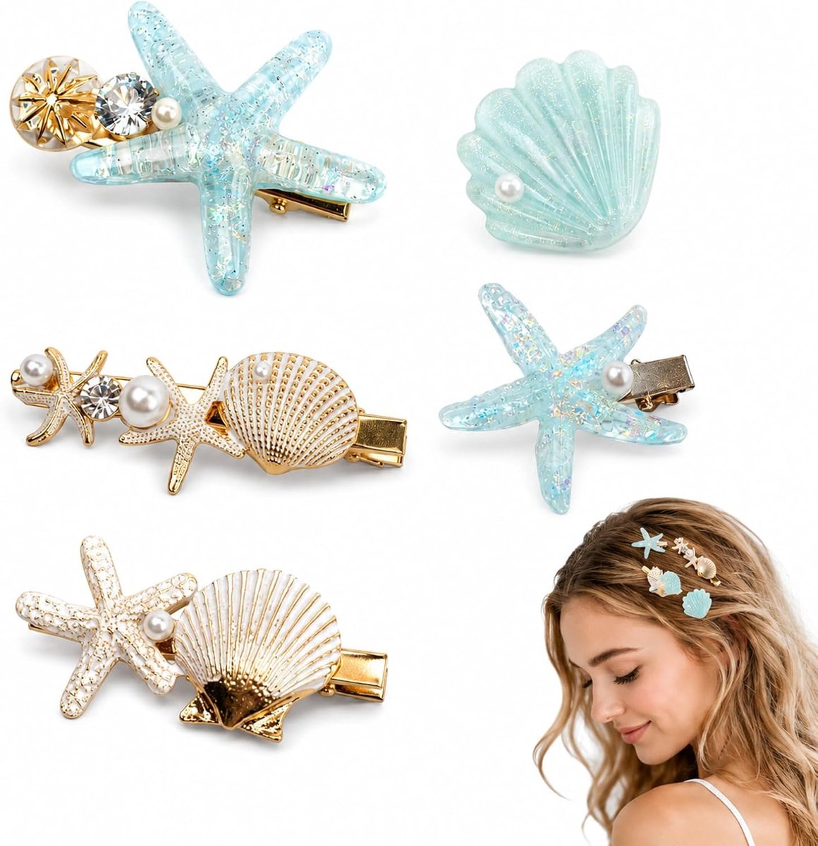 Haarspelden voor meisjes, 5 stuks, zeester en schelp, accessoire voor feestjes, kostuums.