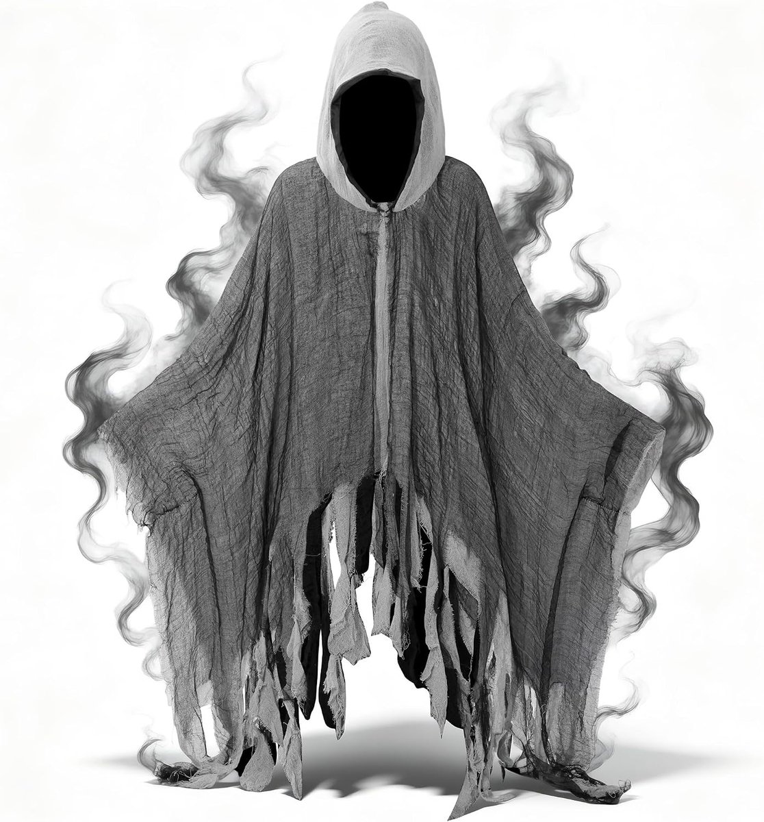 Geestkostuum voor volwassenen, Halloween-geestcape, griezelige cape met capuchon, kostuum voor volwassenen, Halloween-kostuum, grijs, 180 cm, geest, demonencape, heren en dames, cosplay