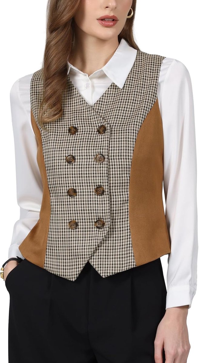 Blzer mouwloos geruit vest voor dames, gekruiste V-hals, inzetstukken van suède, elegante en casual stijl
