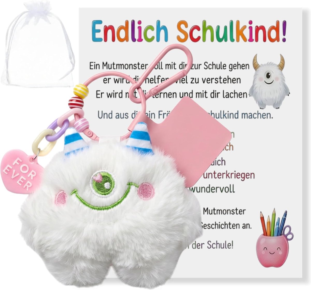 Schooldag Cadeau, Geluksbrenger Start School, Pluimsleutelhanger Beschermengel En Monster, Kindercadeau Naar School, Vulling Voor Schoolkegel Schoolstart 2026