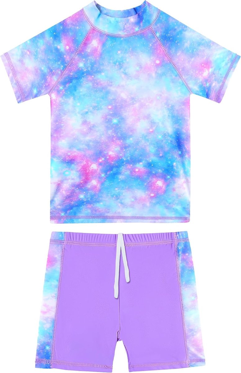 Badpak voor meisjes, tweedelig, korte mouwen, shorty, uv-bescherming, UPF 50+, sneldrogend, comfortabel badpak, zwemkleding, maat 2-16 jaar