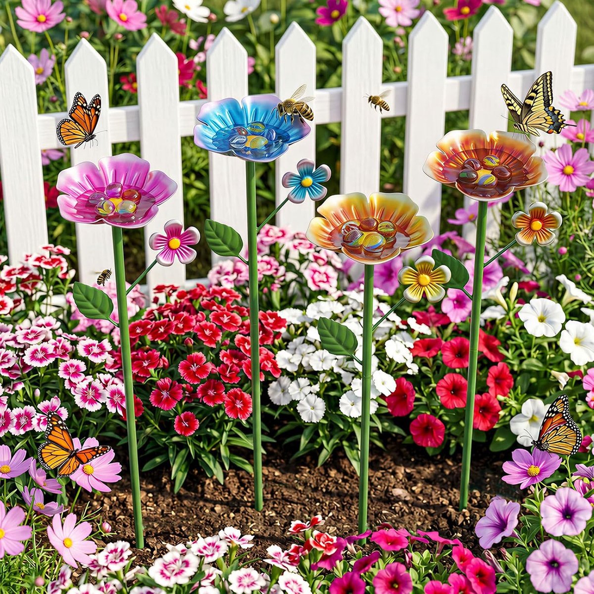 4 stuks bijendrinkbak voor de tuin, metalen insectenbak met glazen ks, kleurrijk bijen- en vlinderbad als decoratie, in hoogte verstelbare tuindecoratie, bloemen voor balkon en erf