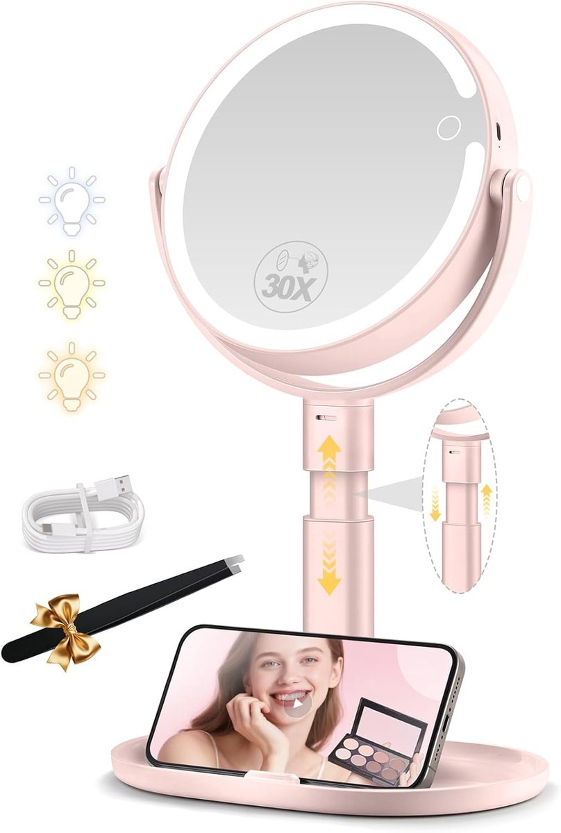 SnelShoppen - Verlicht Makeup Spiegel, Hoogte Verstelbaar, 360° Rotatable, 1x en 30x Vergrotende Spiegel met LED Licht, Ronde Makeup Spiegel voor Prec
