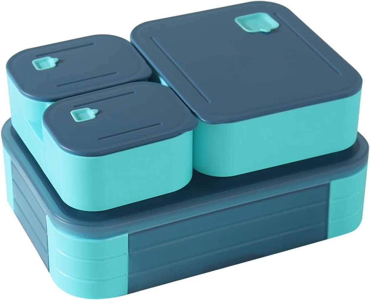 SnelShoppen - Bento Lunchbox voor Kinderen 1100ml - Stapelbare Snackblik met 3 Vakjes - Lekvrij & Magnetron/Vaatwasser Bestendig - Donkerblauw voor Sc