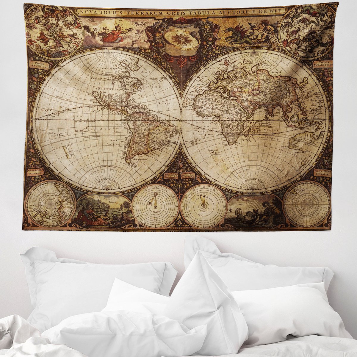 ABAKUHAUS Wereldkaart Wandkleed, Historische Oude Atlas van Zachte Microvezelstof Wasbaar Kleurvast met Digitale Print, 150 x 110 cm, Meerkleurig
