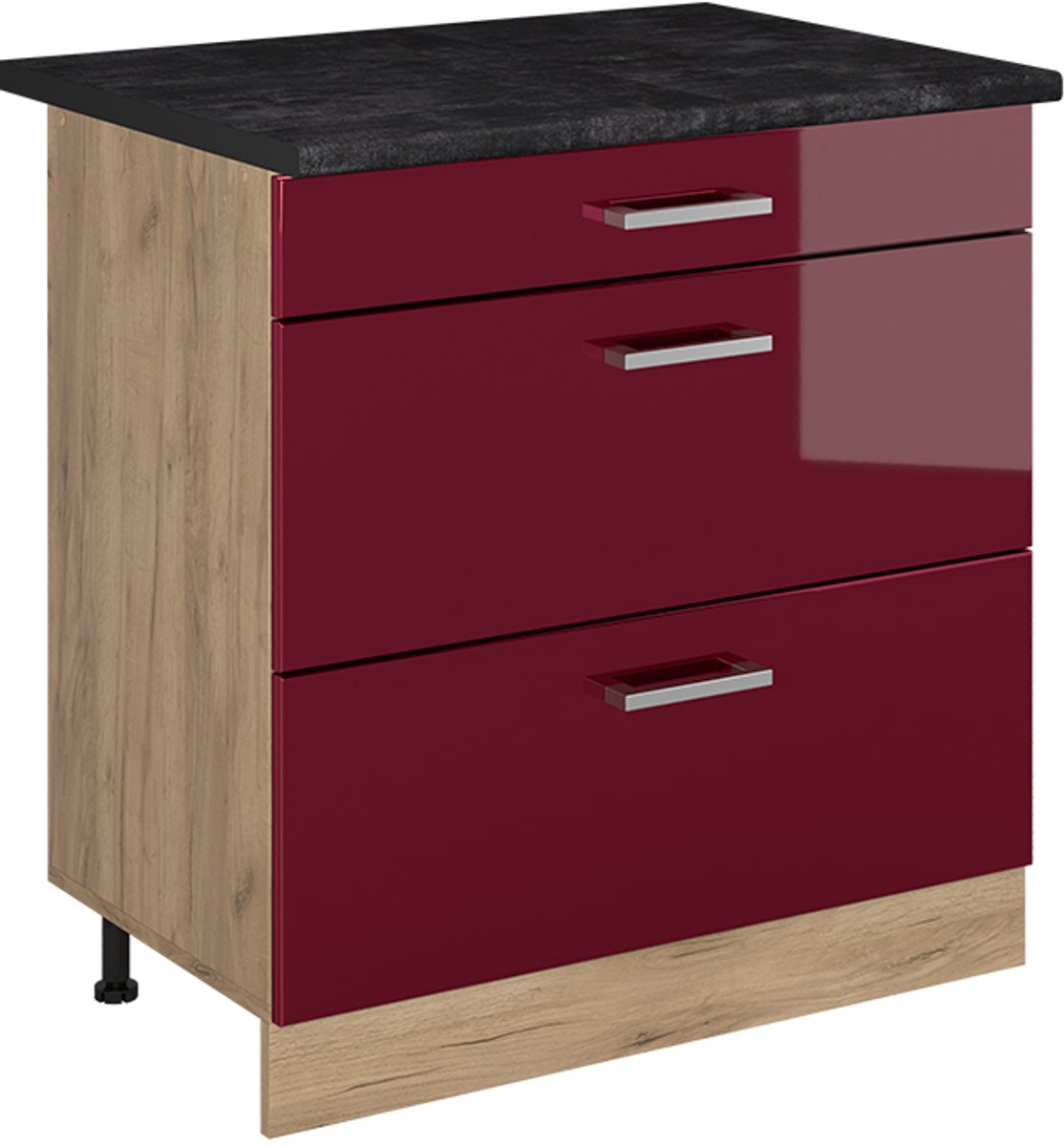 Vicco Keukenonderkast R-Line, Rode hoogglans/Goudkleurig Eiken, 80 cm met 3 laden antraciet werkblad