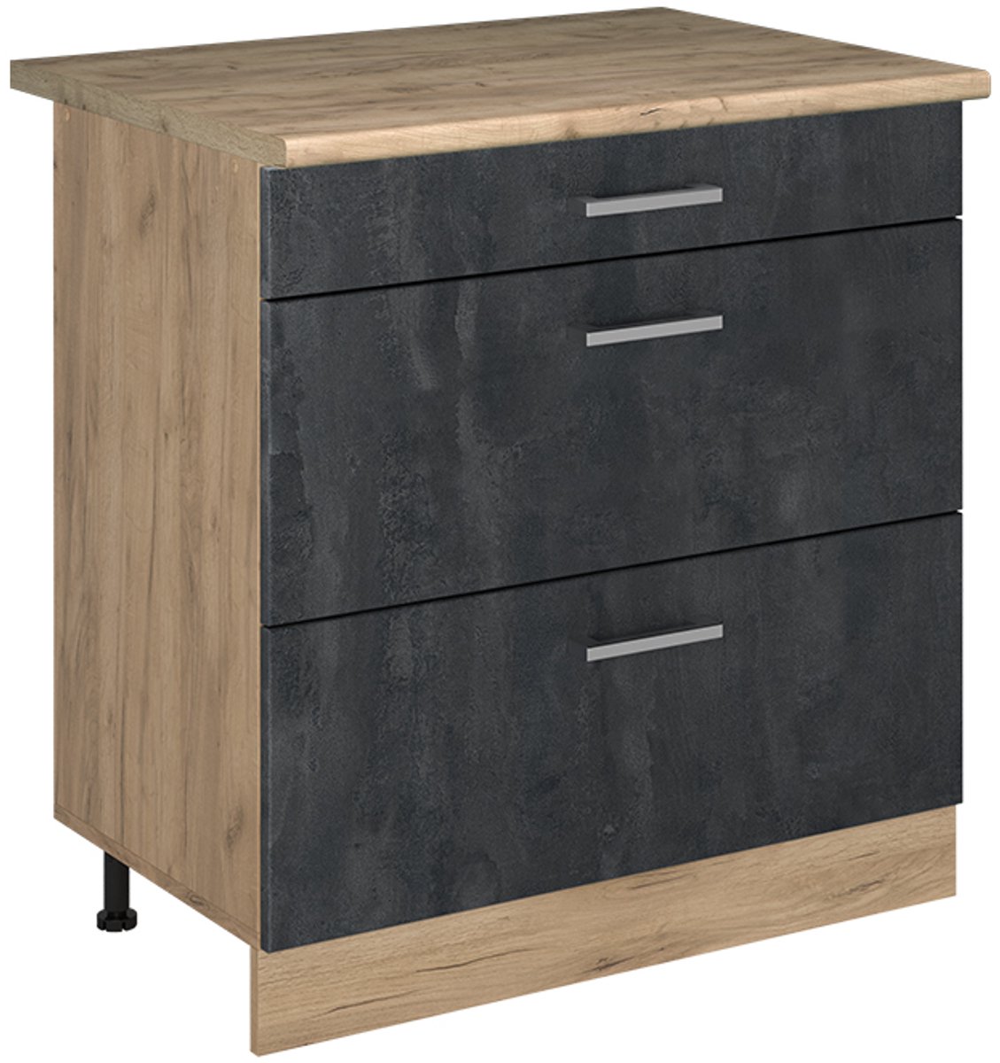Vicco Keukenonderkast R-Line, Zwart beton/Goudkleurig Eiken, 80 cm met 3 laden goudkleurig eiken werkblad
