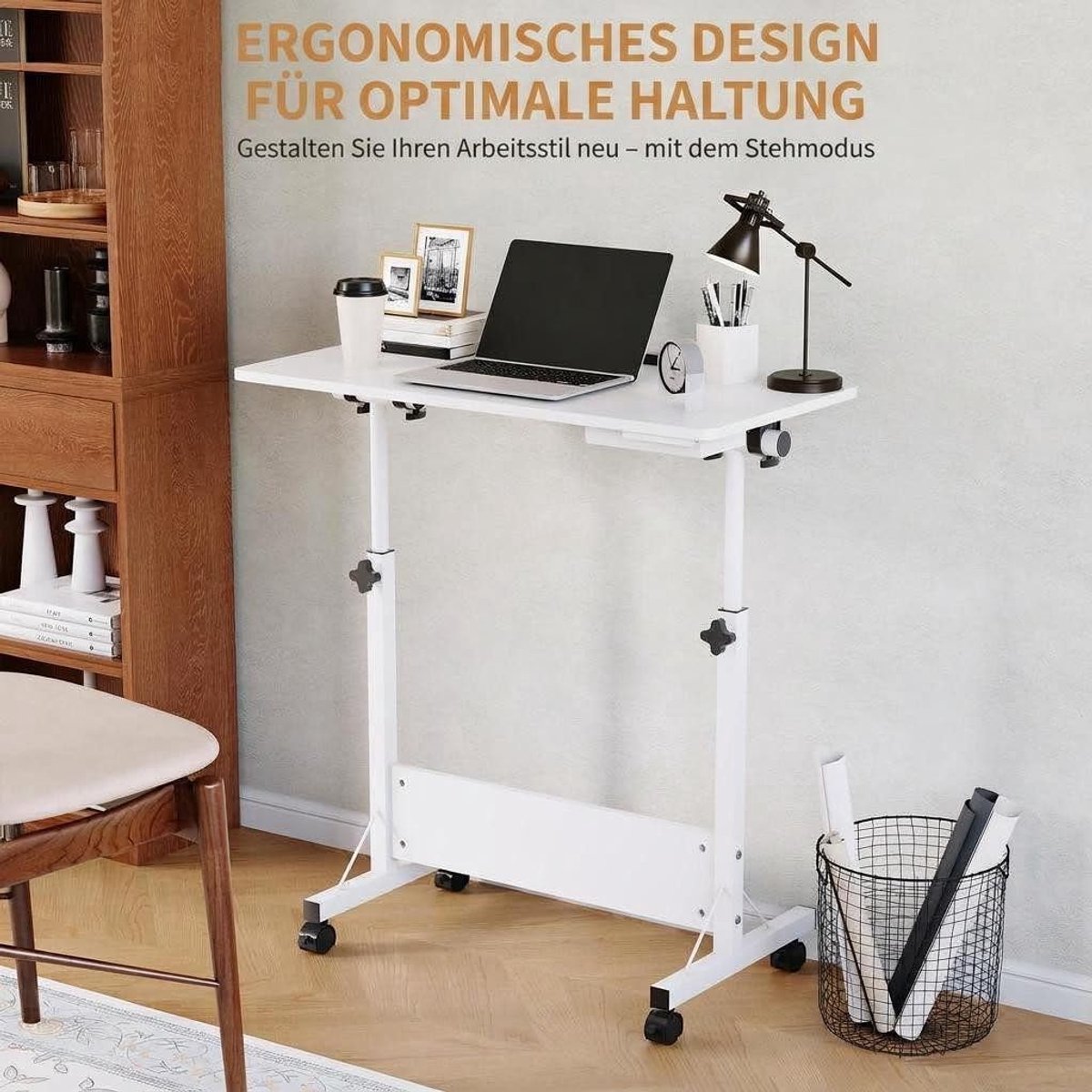 Bureau - Zit Sta Bureau 80 x 40 x 64-89 cm - Kantelbaar tafelblad mobiele werkplek 4 zwenkwielen (2 met rem) Wit thumbnail 6