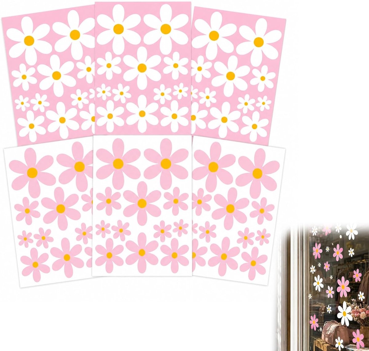 6 vellen, 72 delen raamdecoratie met madeliefjes, bloemenstickers, herbruikbare waterdichte glasdecoratie voor ramen, glazen deuren en vitrines, roze wit
