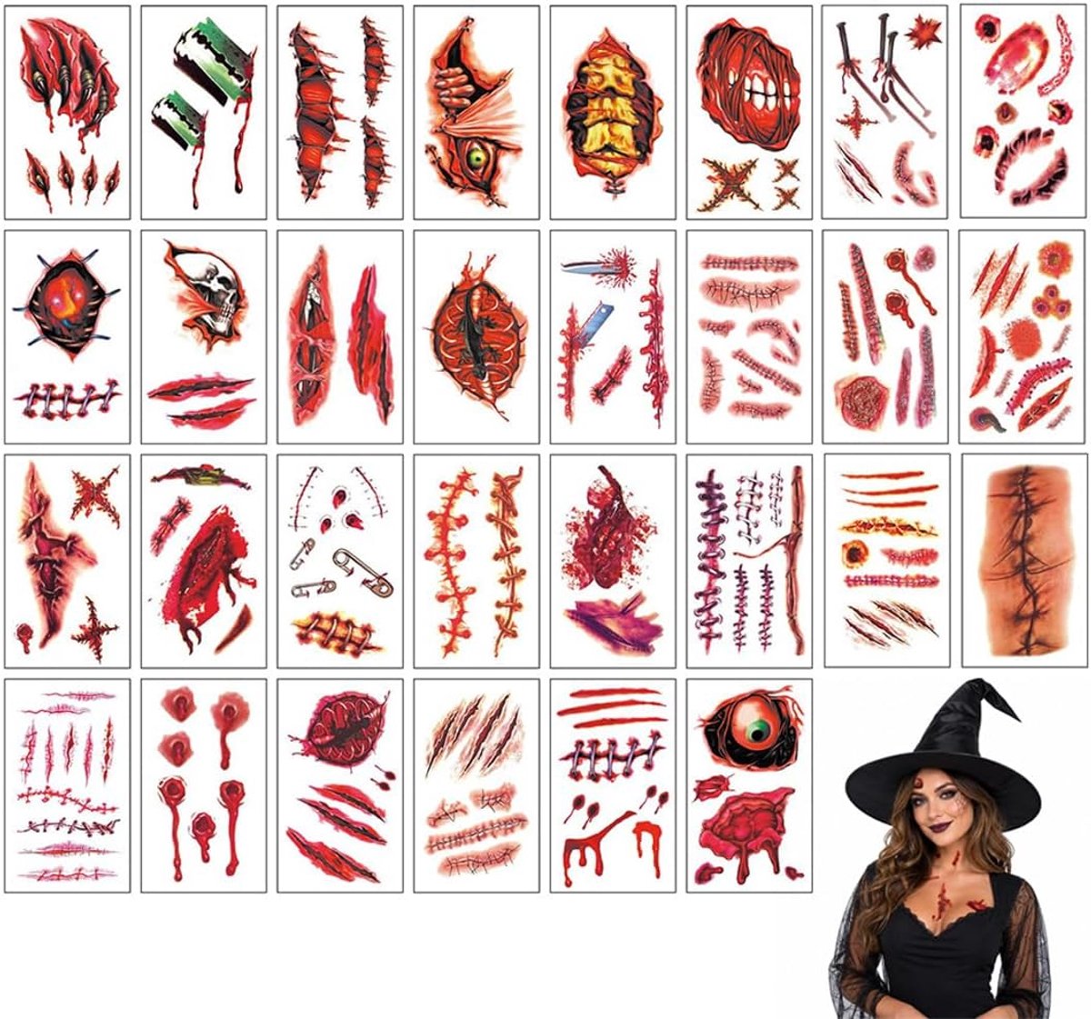 30 stuks Halloween littekens tattoo-stickerset - tijdelijke griezelige wonden stickers voor kostuum, party, cosplay en decoratie