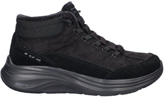 Zwarte Skechers Slip-Ins Cozy Fit laars met veters en een dikke zool. Gemaakt van suède met een gebreide kraag.