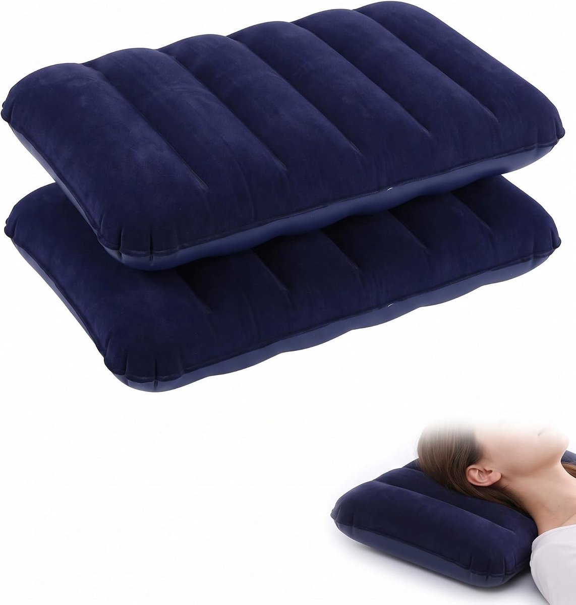 Opblaasbaar kussen, 2 stuks, donkerblauw, snel opblazen zonder lekken, ergonomisch design, licht, voor strand, reizen, camping en nekbescherming