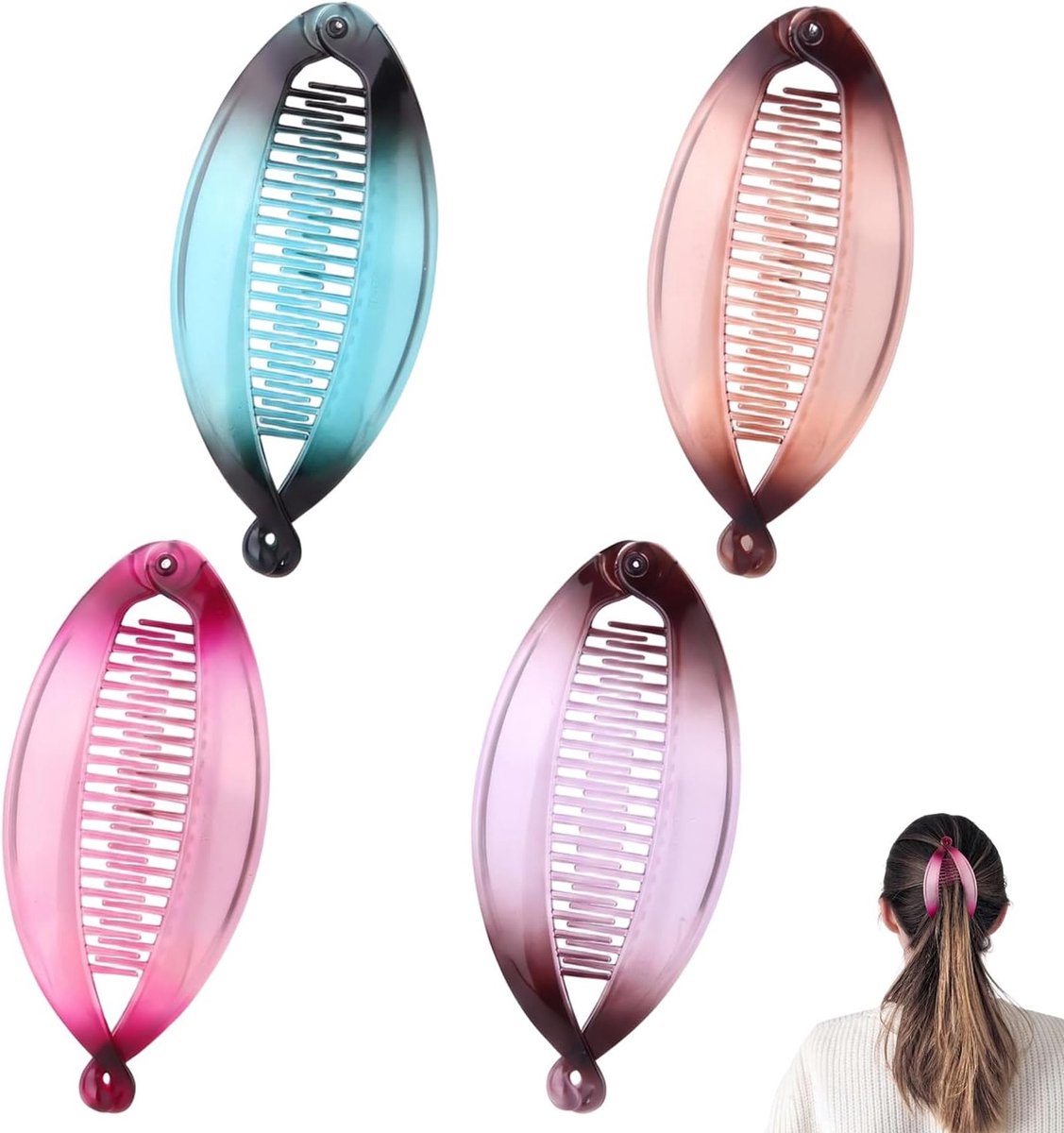 Haarspelden voor dames, bananenclips, krullend en glad, haaraccessoires voor paardenstaart, set met 4 stijlen van hars, paars, blauw, koffie en fuchsia