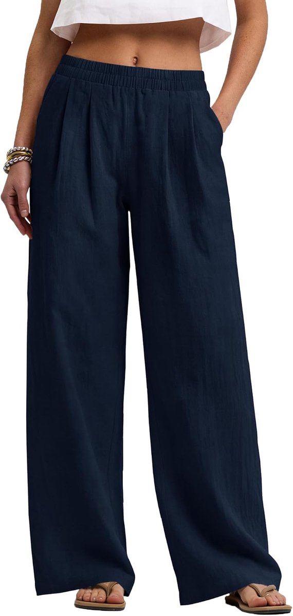 Linnen Broek Vrouwen Brede Pijpen Broek Met Zakken Elastische Taille