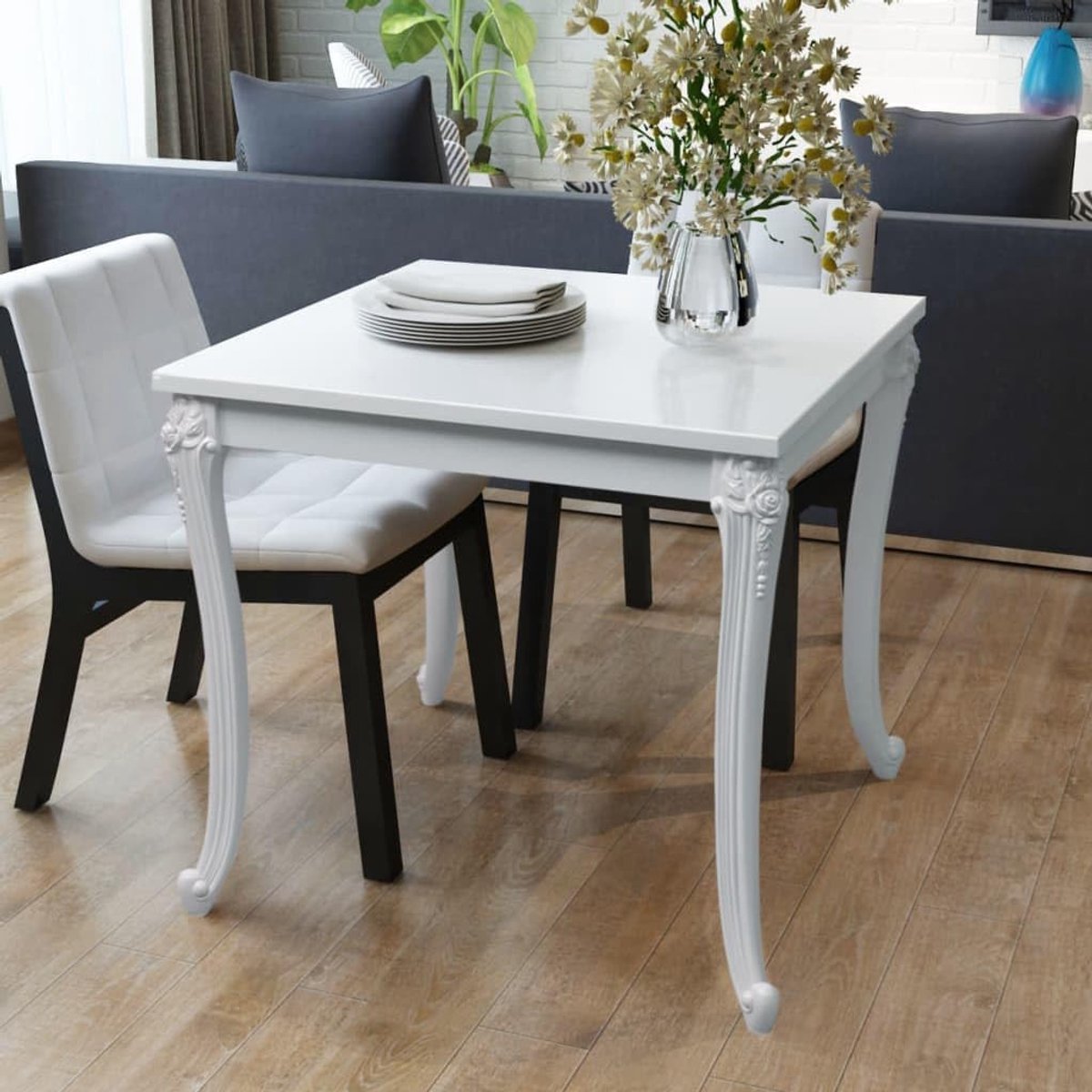 Hoogglans eettafel vier kunststof poten 80 x 80 x 76 cm wit