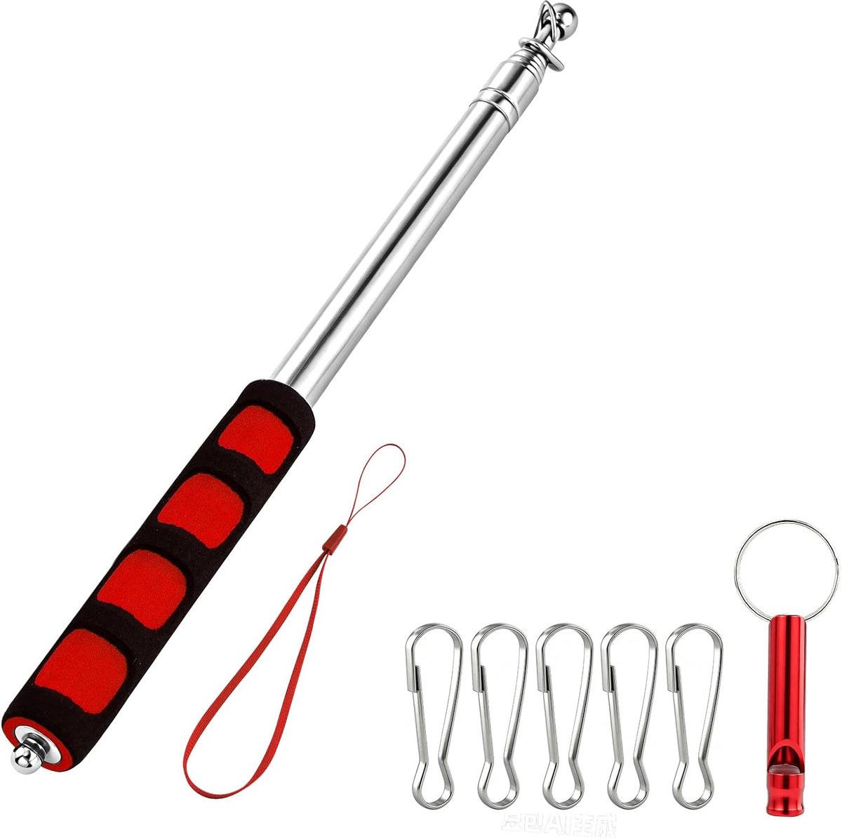 Vlaggenmast 2,5 m van roestvrij staal, inklapbaar, met clip en snavel, antislip handgreep, verstelbare stok, 250 cm, reisgids, camping, evenementen in de open lucht, rood