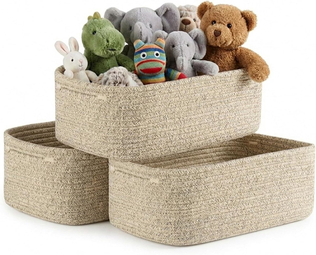 3 stuks, geweven opbergmand, plankmanden, gevlochten katoenen touw met handgrepen, gevlochten mand voor kinderkamer, badkamer, bergruimte, 30 x 20 x 11 cm, linnen