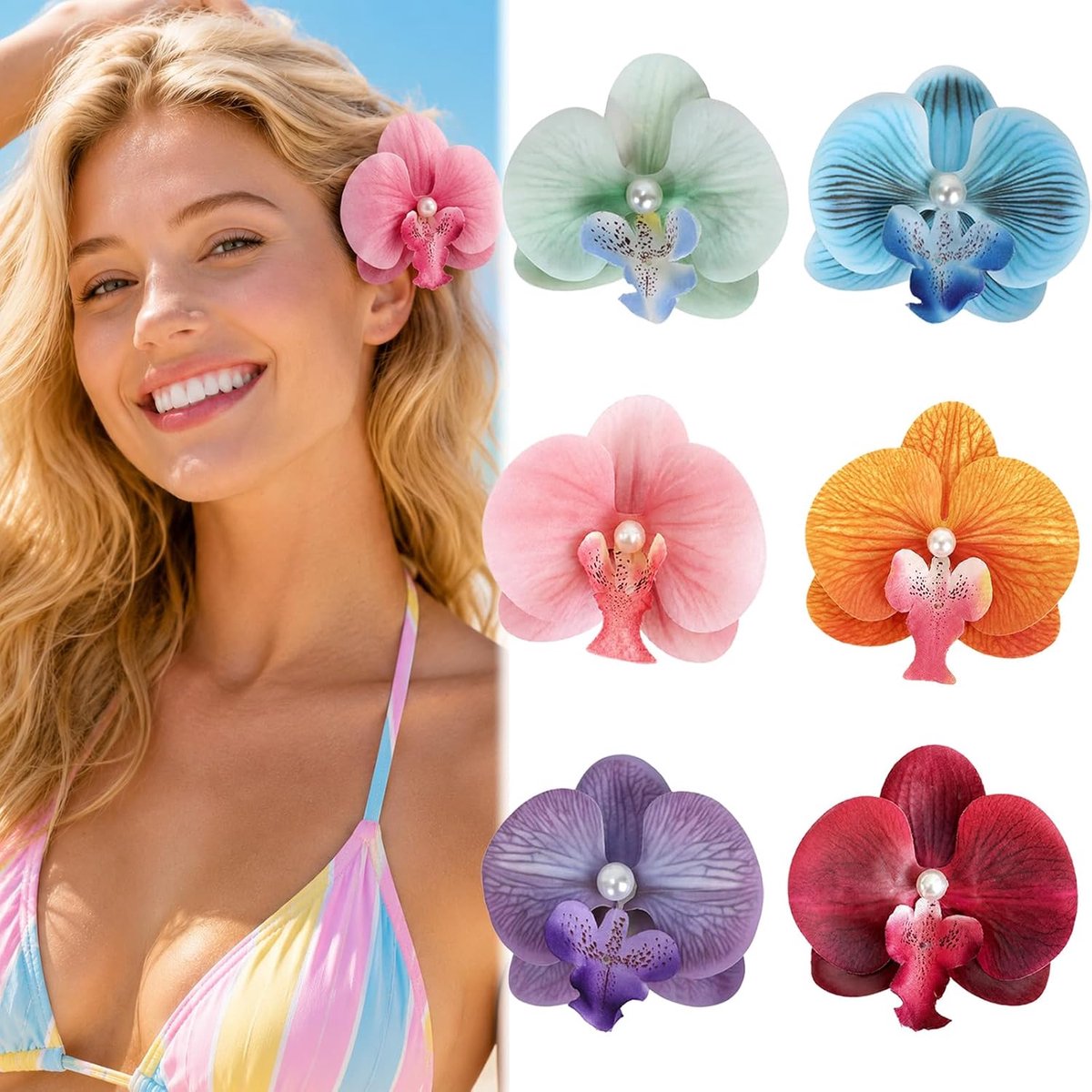 Haarspelden, boheemse vlinder, orchidee, haarspelden voor strandfeest, kunstbloemen, tropische bloemenhaarspelden voor vrouwen, bruidsmeisjes, strandfeest, bruiloft, vakantie, 6 stuks