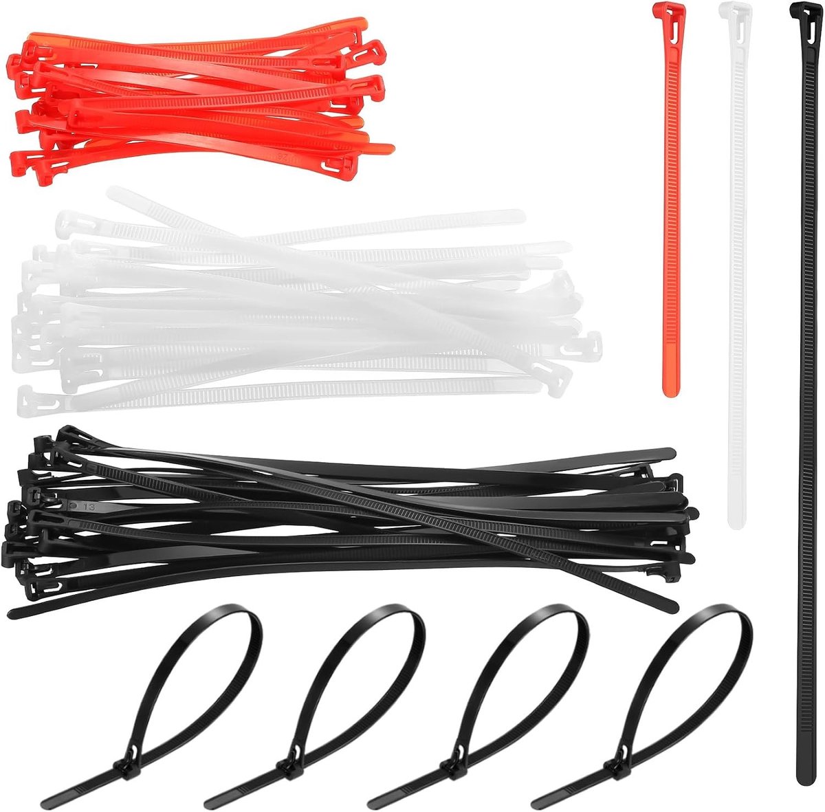 Herbruikbare Kabelbinders Set van 60 Stuks, UV-bestendige Sterke Zipper Ties voor Binnen en Buiten, Diverse Maten 300/200/150mm in Zwart, Wit en Rood