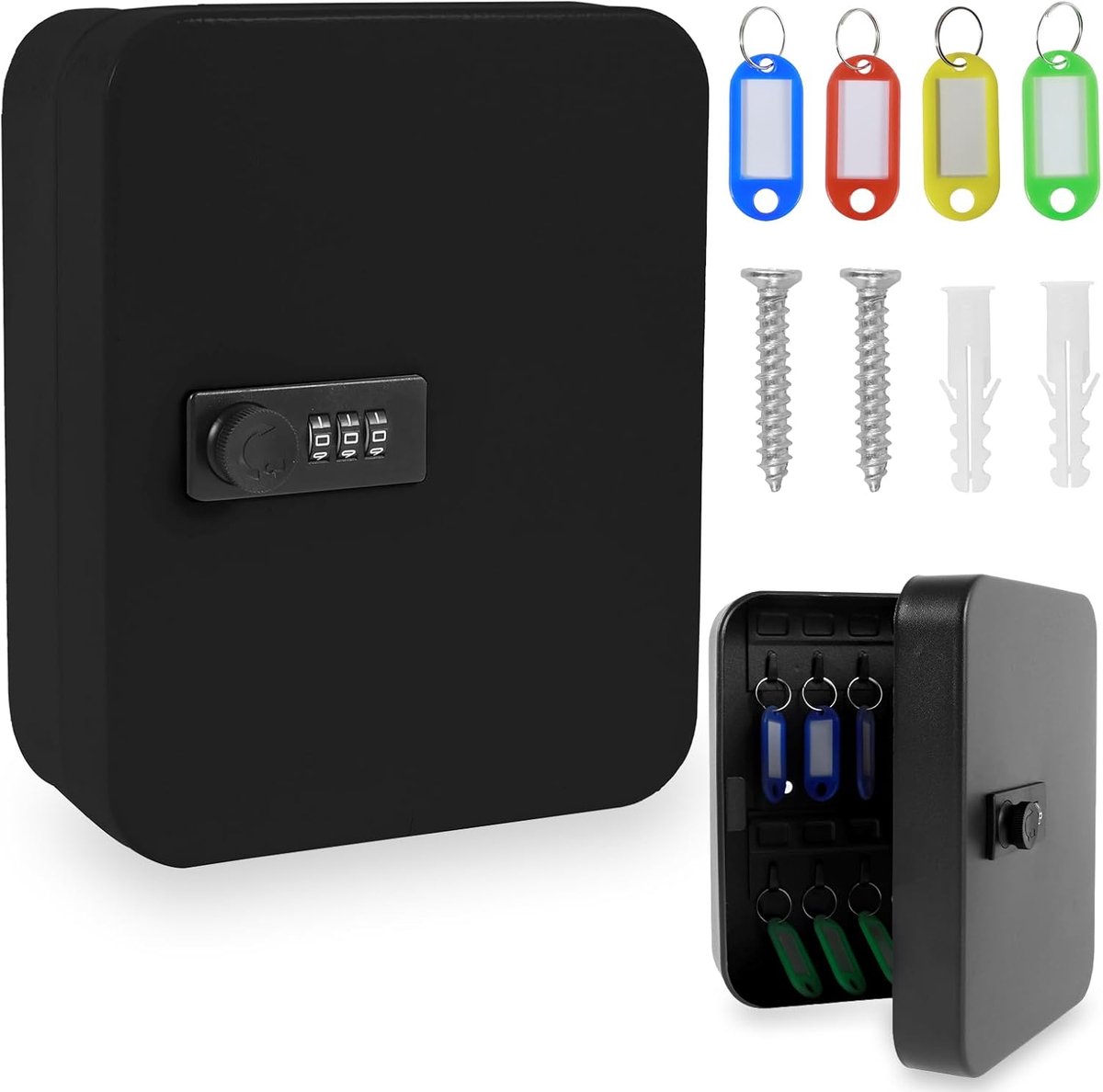 Key safe, 20 x 16 x 7.5 cm, key box with number code for 6~8 cm, key safe with coloured labels, 20 hooks for homes - ShopVlot