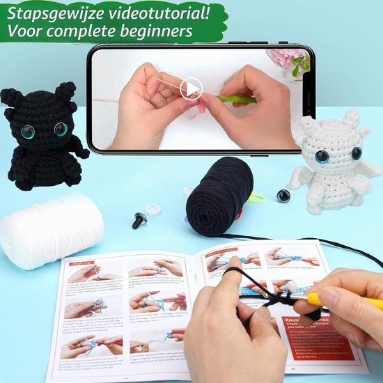Haaknaalden set voor beginners met zwart-witte draken en handleiding - ideaal voor haken, creatief breien en handwerken — afbeelding 3