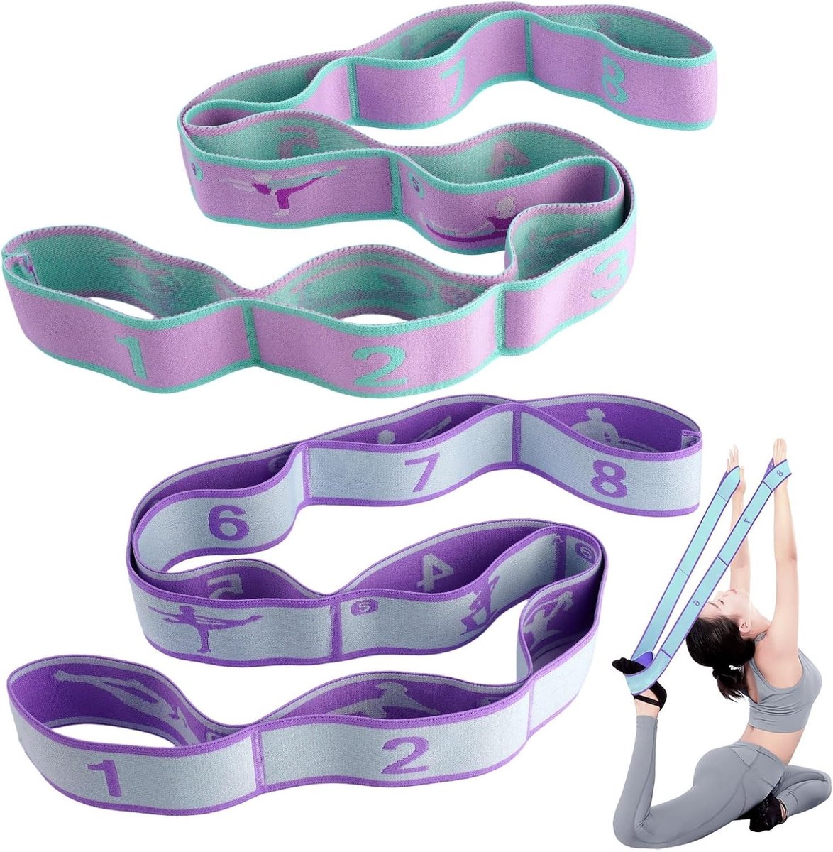 2 Stuks Yoga Stretchband van 90 cm met 8 Lussen, Lichtgewicht en Elastische Fitnessbanden voor Pilates, Dans en Gymnastiek Training