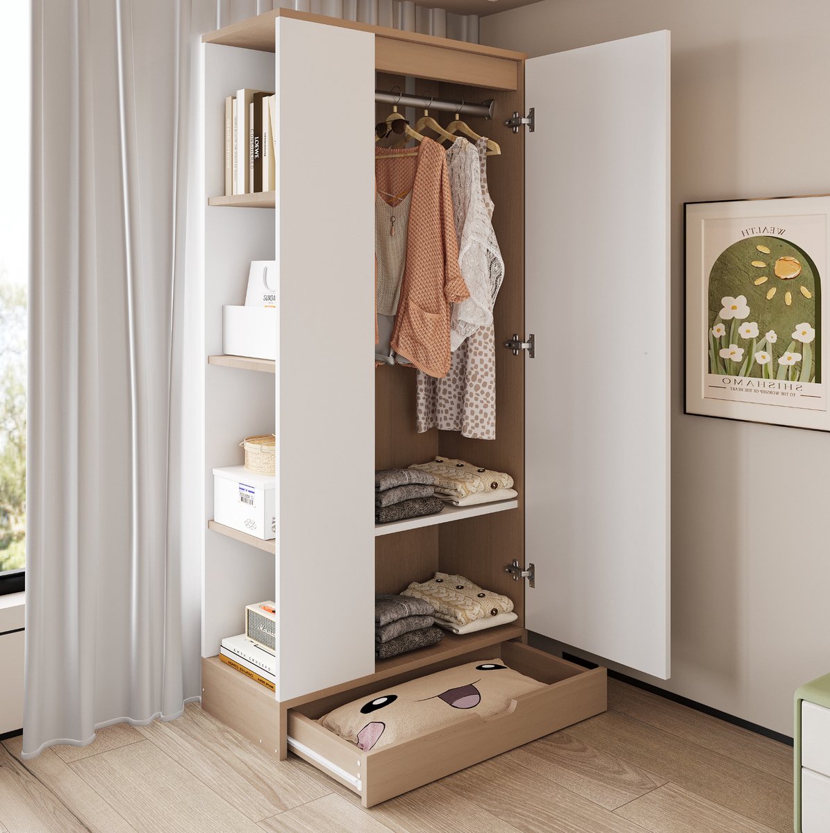 WUVRIE Kledingkast 70 x 40 x 170 cm - Enkele deur, planken en lades - Naturel/wit