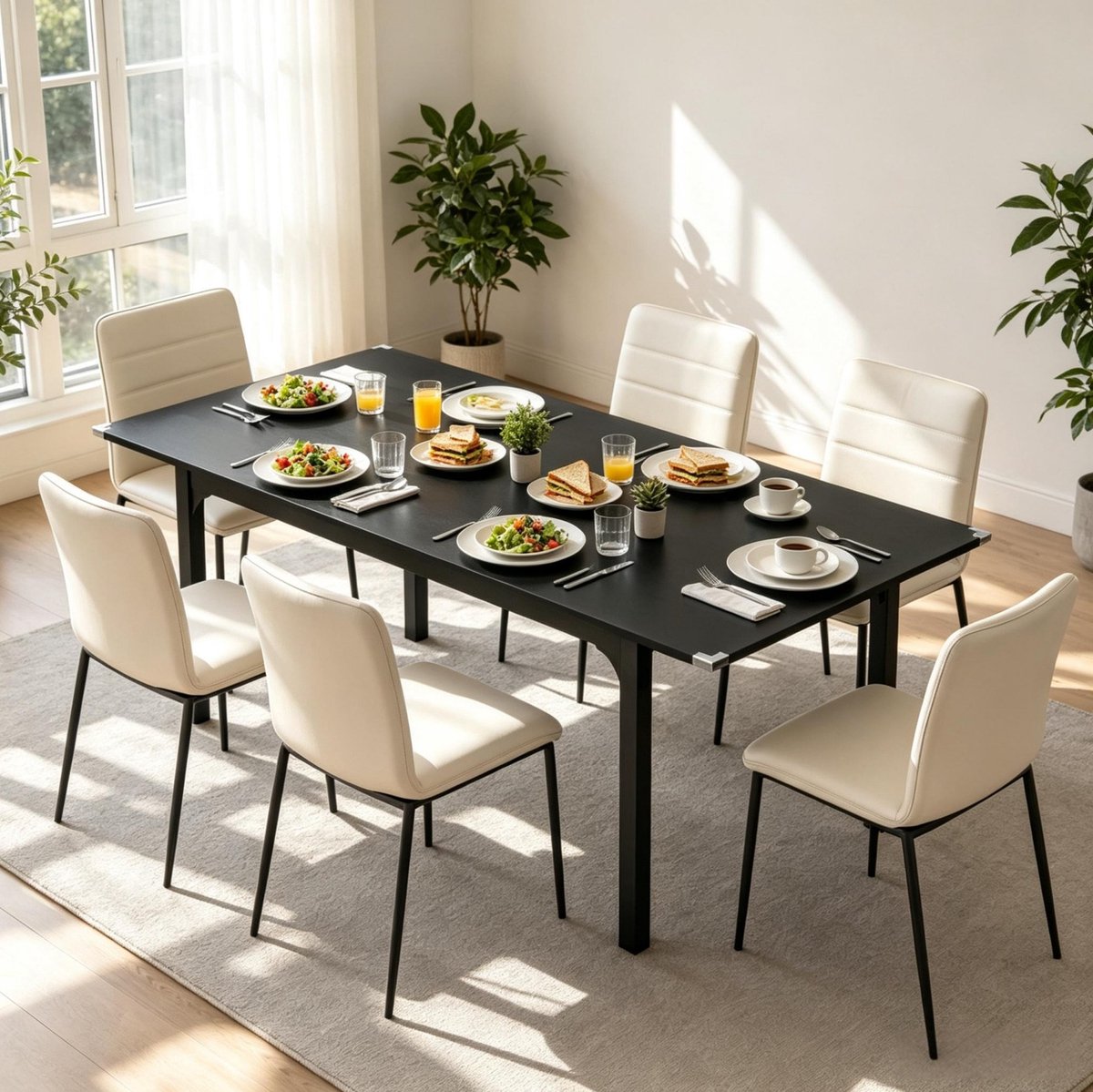 Wishdor Uitschuifbare eettafel - Voor 4 tot 6 personen - Stalen poten - Waterbestendig en krasbestendig MDF blad - Rechthoekig ontwerp - Eetkamer keuken thuiskantoor - Zwart - 160 x 70 x 75 cm