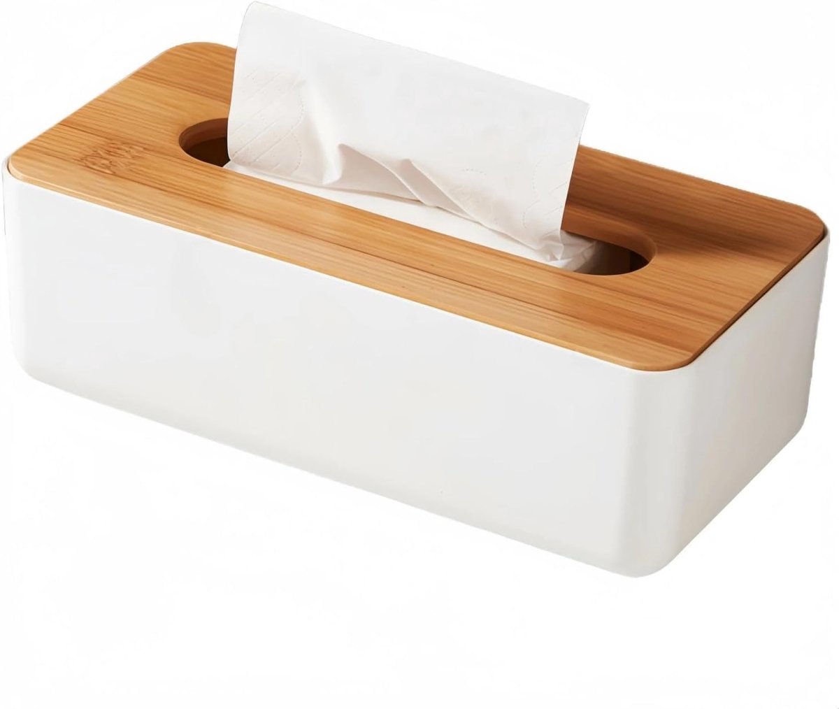 Tissue Box - Tissuedoos - Tissue Houder - Kunststof Opbergdoos met Bamboe Deksel - Voor Badkamer, Make-up, Keuken, Woonkamer en Slaapkamer - 21x12x10 cm - Wit - 1 stuk