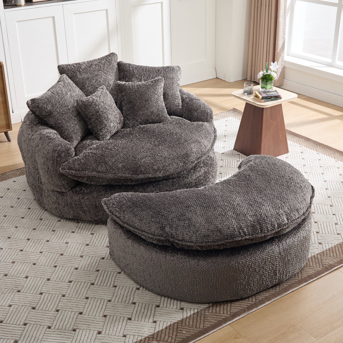 FloraGrace Fauteuil 190,5 x 138 x 63 cm - Royale Loungestoel Met Kussens En Voetenbank - Woonkamer En Balkon - Polyester - Grijs