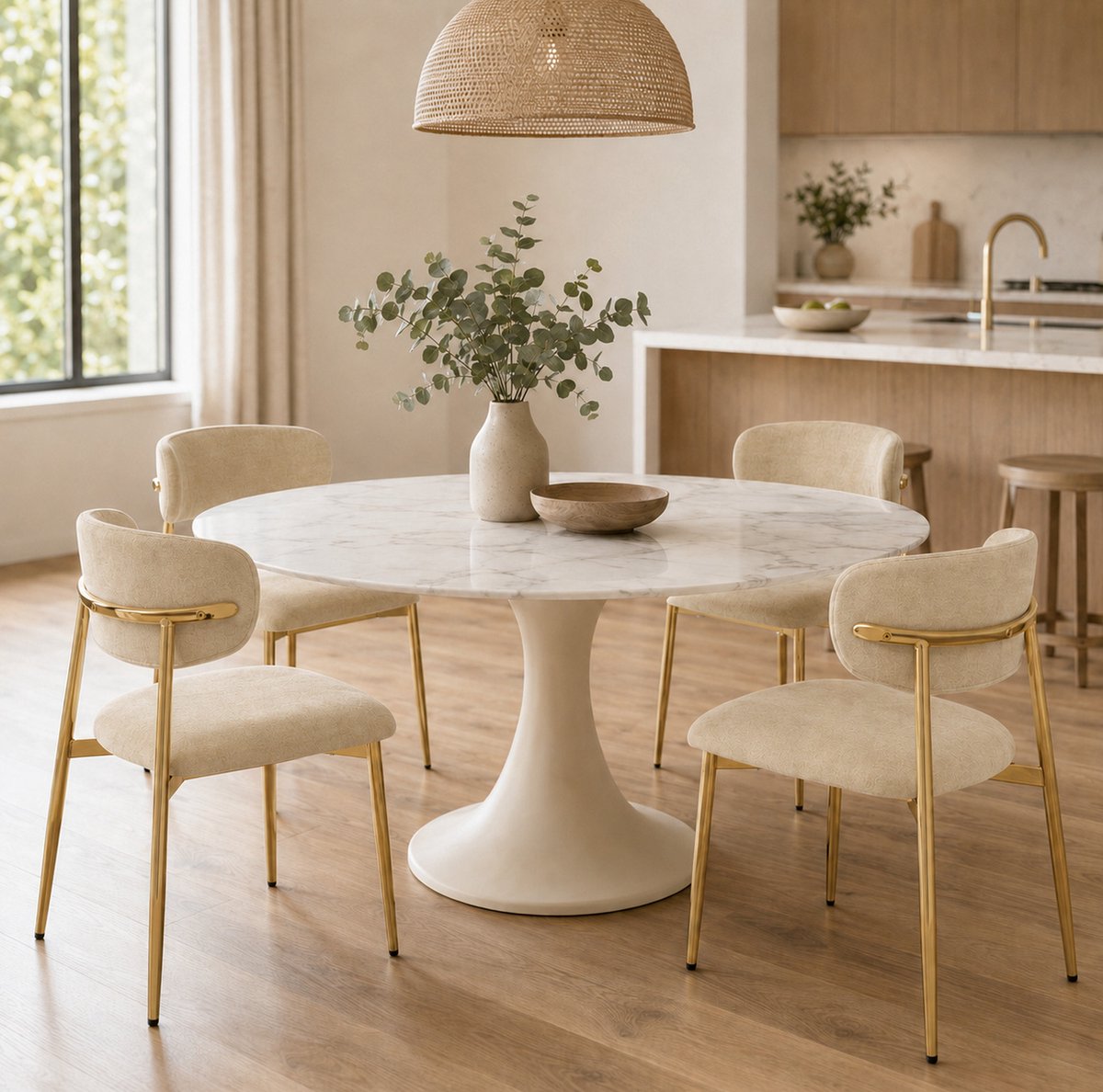 FloraGrace Eetkamerstoelen Set Van 4 - Zacht Gepolsterd Met Gebogen Rugleuning - Voor Eetkamer En Keuken - Polyester En Metaal - Bruin Goud