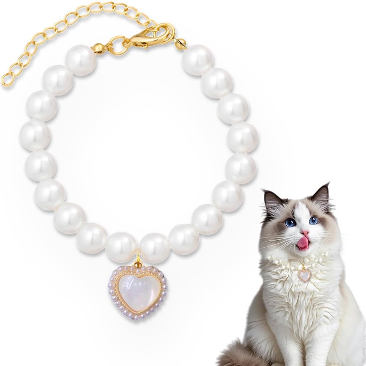 Kattenhalsband verstelbaar 25-30 cm - parelketting met hartvormige hanger - stijlvol en schattig - ShopVlot