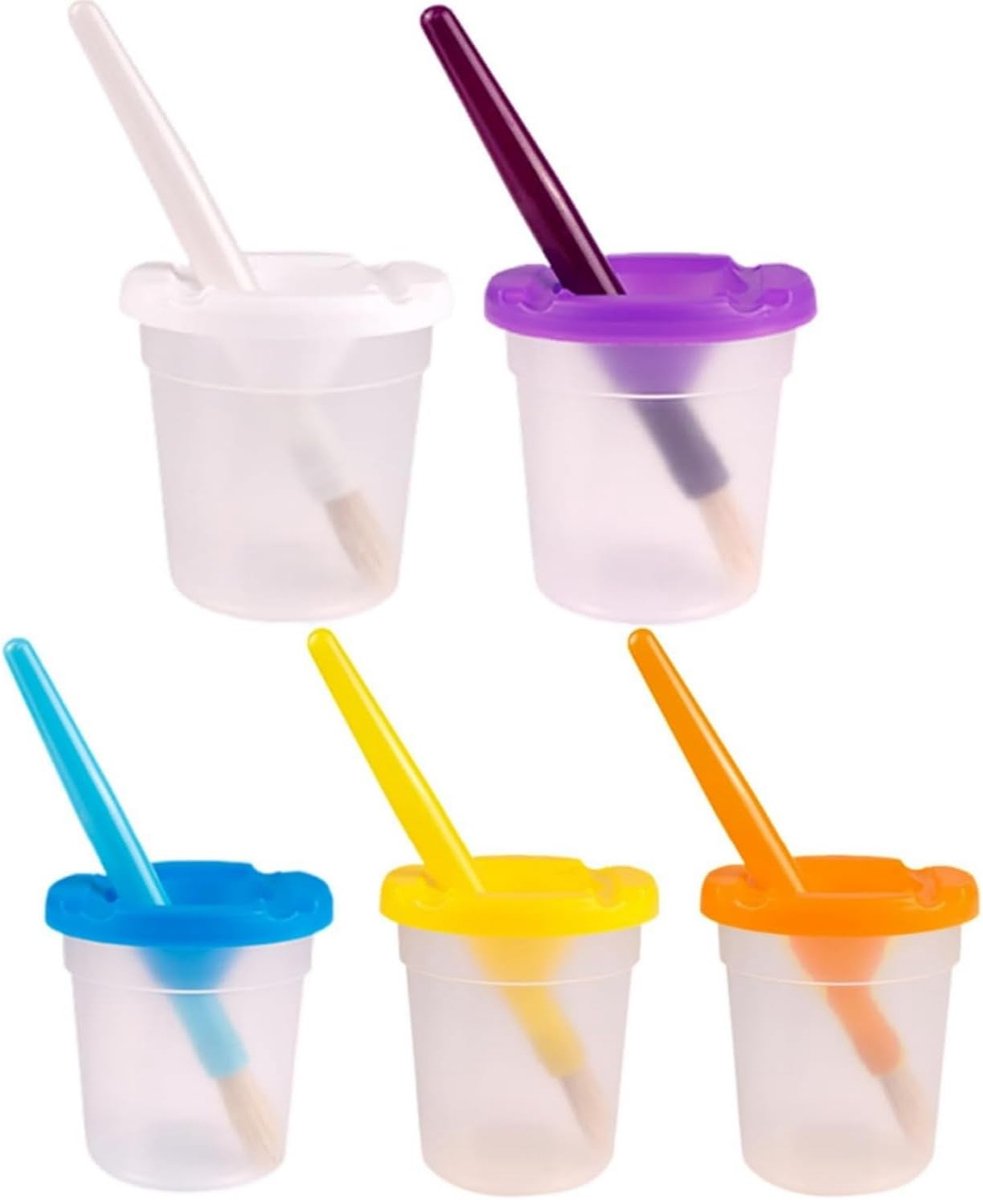 Leak-proof Paint Cup Set, Colour Cups with Spill Protection, 5 Colours, No Spills, with Lid and 5 Brushes for Kids - ShopVlot