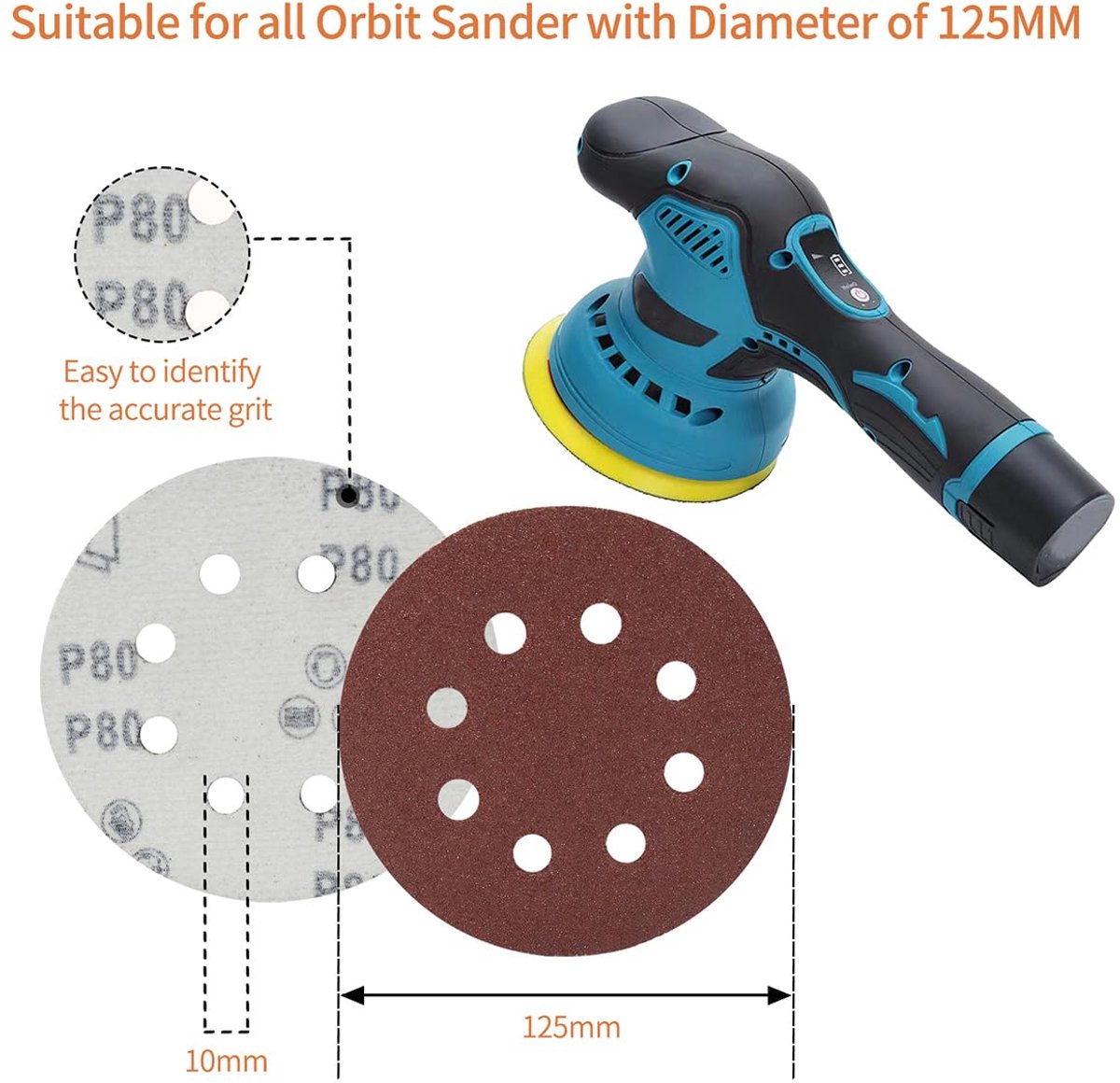 Meccion 50pcs 125mm Sanding Discs 8 Holes Round Sandpaper for Random Orbital Sander (400 Grit) - ShopVlot