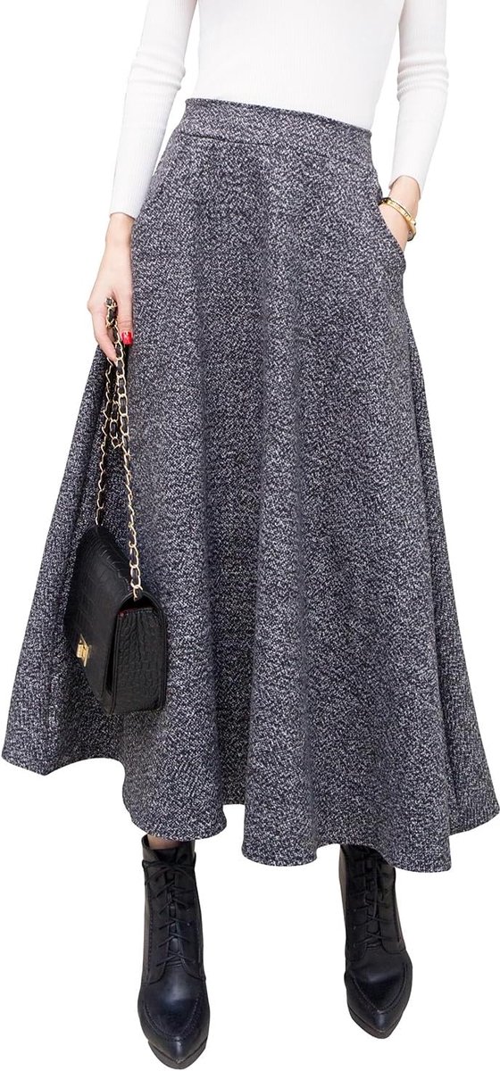 Geruite maxi-damesrok voor de winter, met elegante hoge taille, warme wollen lange elastische getailleerde plooirok S-3XL, H Grijs, XXL