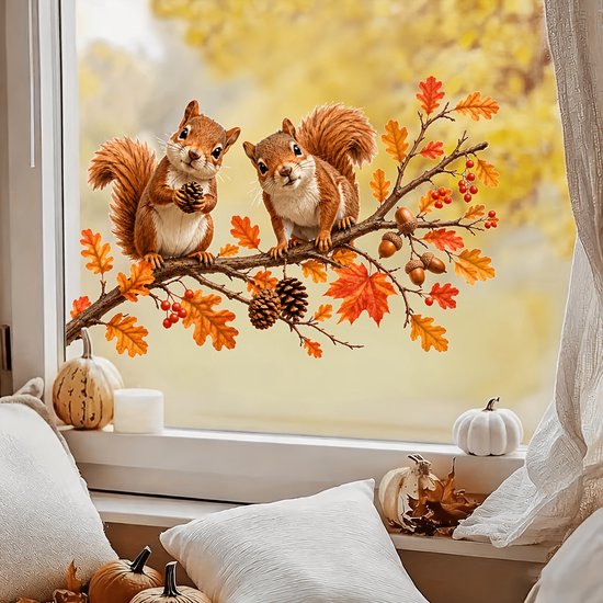 Twee eekhoorns op een herfsttak met bladeren, dennenappels en bessen. Pompoenen en kussens op de vensterbank.